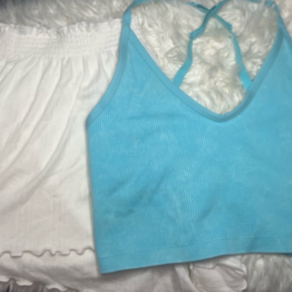 Aerie set of 2 Blue Halter Top and White Shorts Set